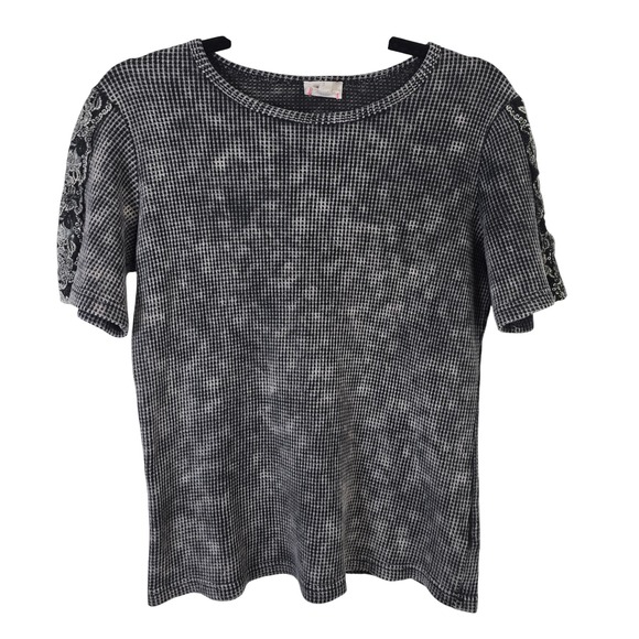 BiBi Tops - BIBI Women Black White Acid Wash Waffle Knit Lace Shoulder Top Small